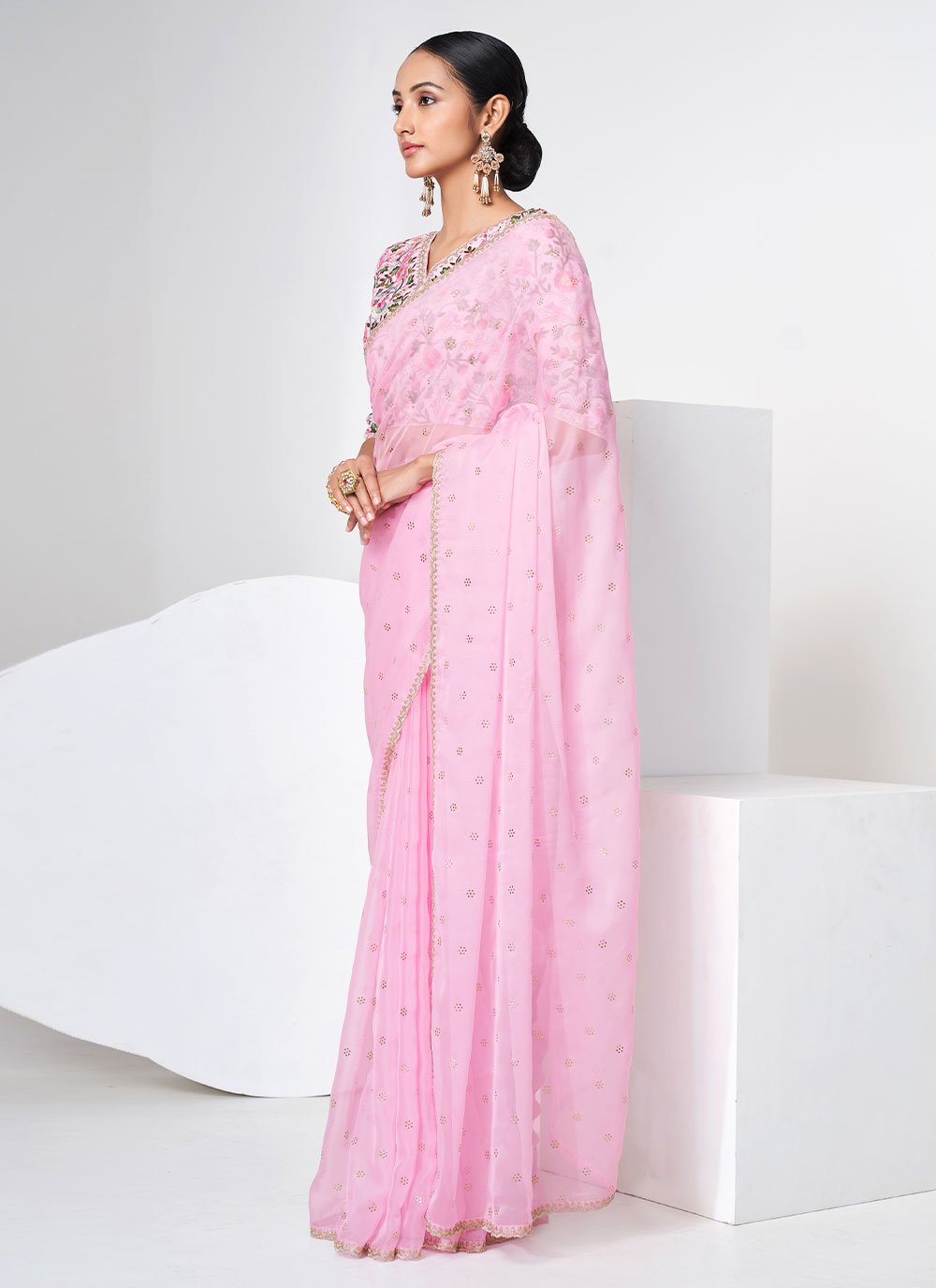 Classic Organza Pink Mukesh Work Saree