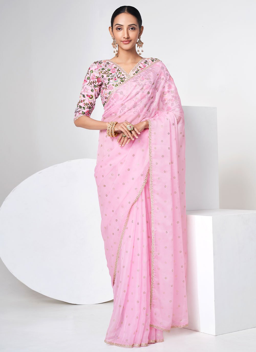 Classic Organza Pink Mukesh Work Saree