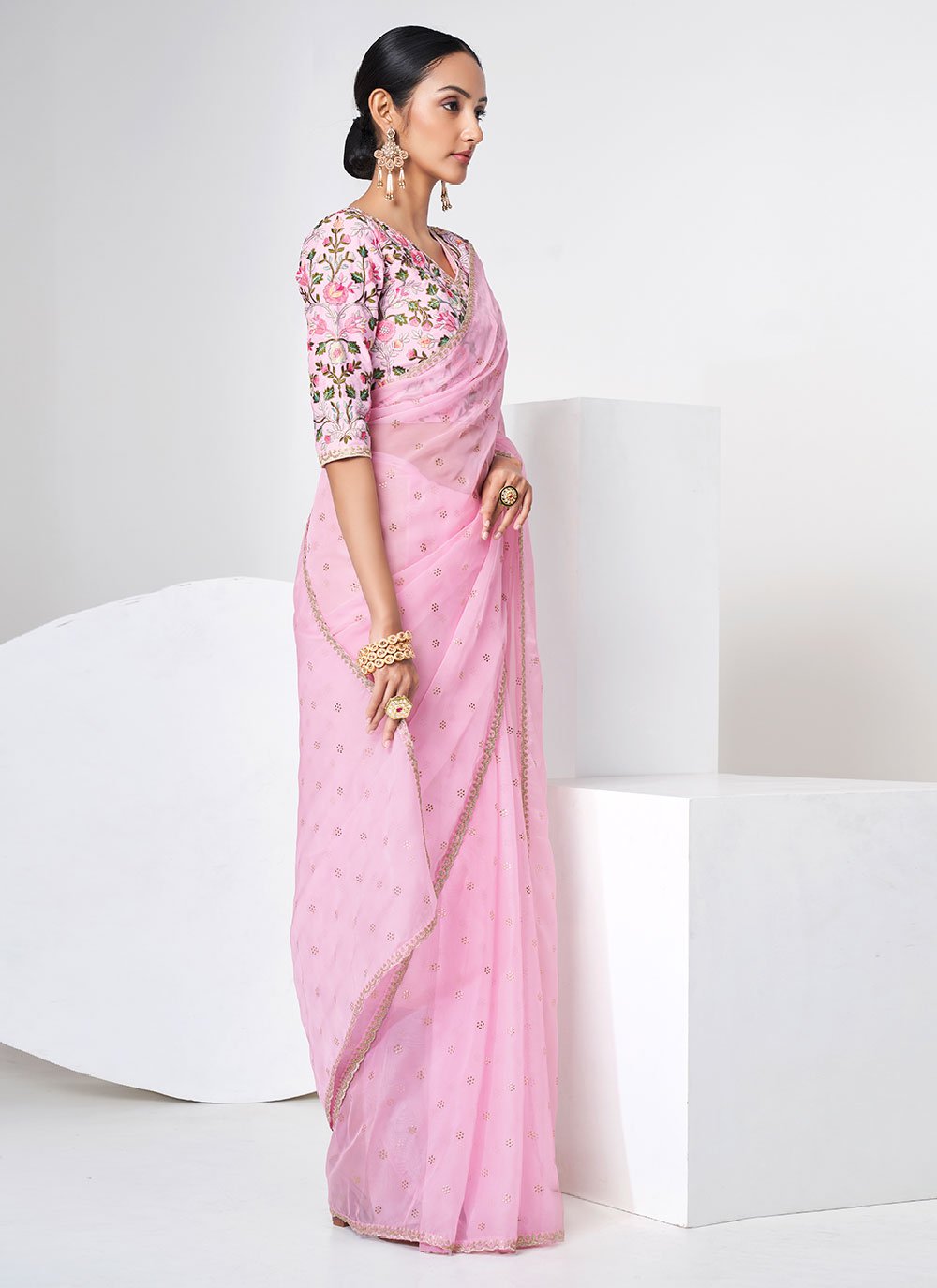 Classic Organza Pink Mukesh Work Saree