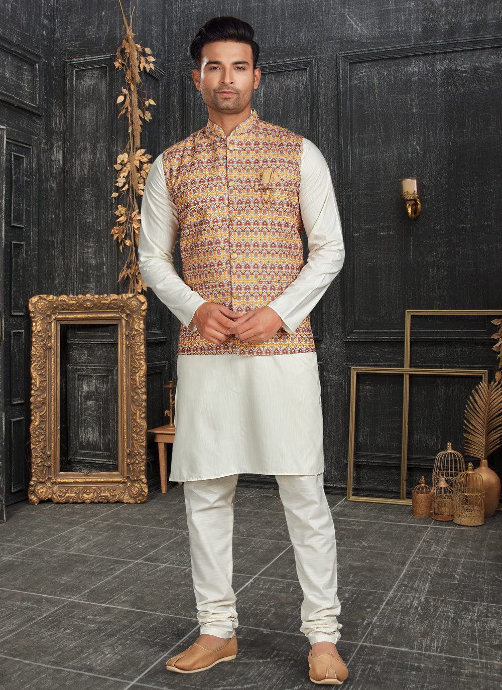 Kurta Payjama With Jacket Cotton Multi Colour Off White Chicken Mens