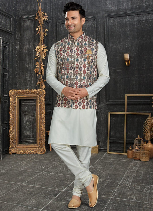 Kurta Payjama With Jacket Cotton Multi Colour Off White Chicken Mens