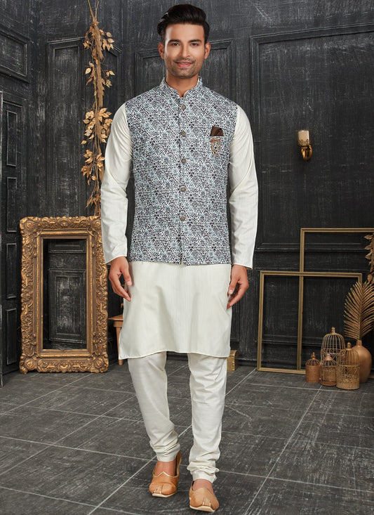 Kurta Payjama With Jacket Cotton Multi Colour Off White Chicken Mens