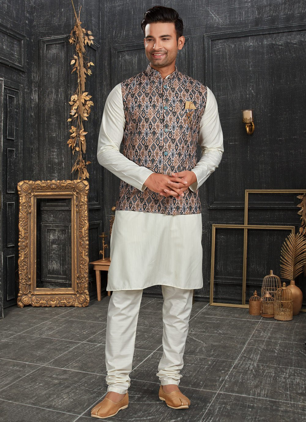 Kurta Payjama With Jacket Cotton Multi Colour Off White Chicken Mens