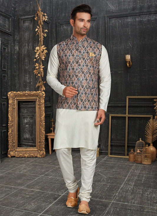 Kurta Payjama With Jacket Cotton Multi Colour Off White Chicken Mens