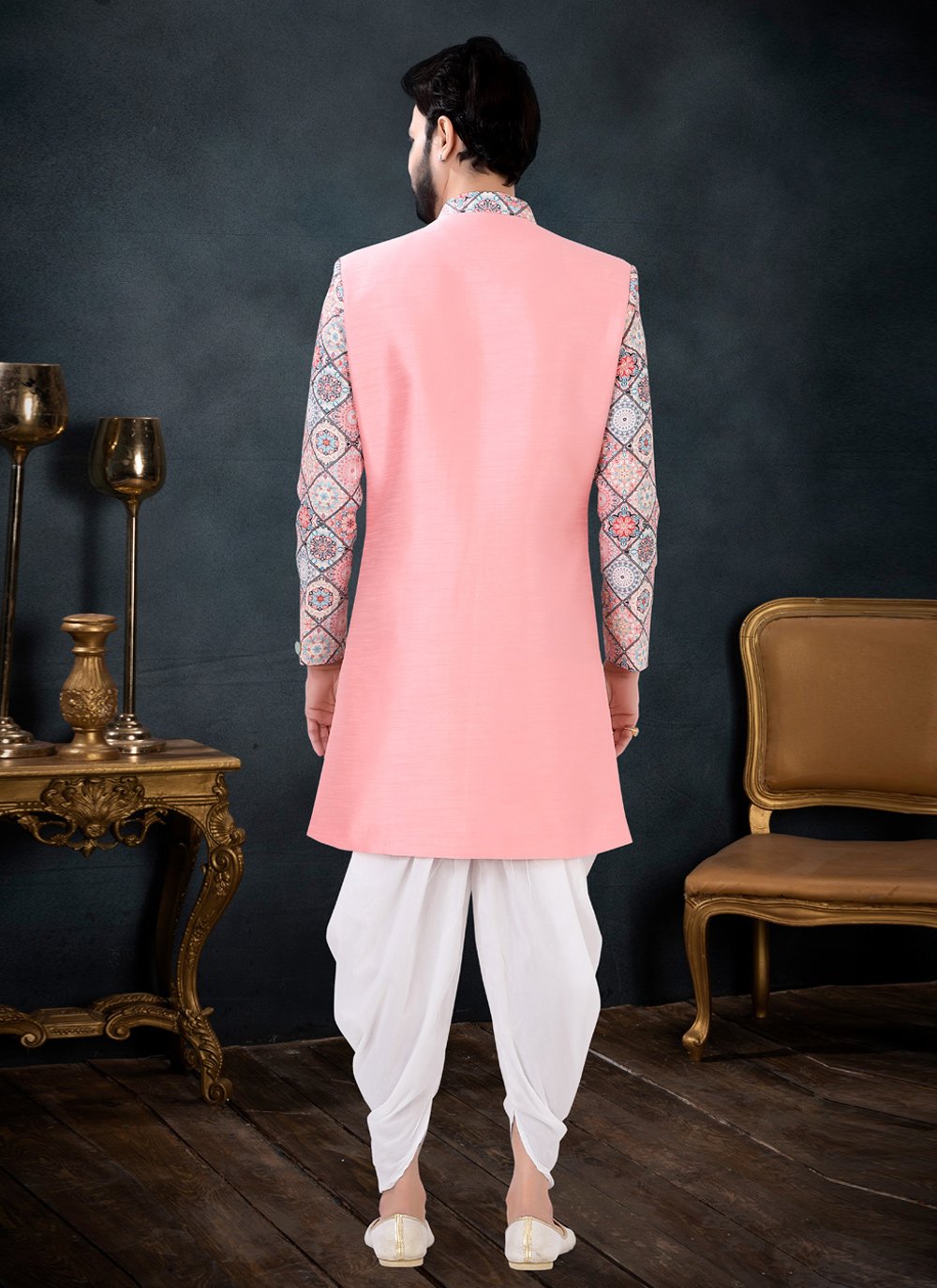 Indo Western Sherwani Silk Multi Colour Pink Embroidered Mens