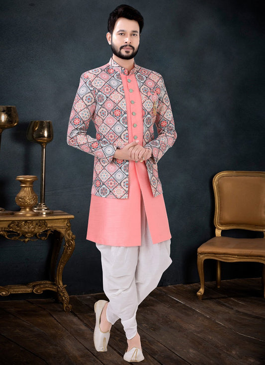 Indo Western Sherwani Silk Multi Colour Pink Embroidered Mens