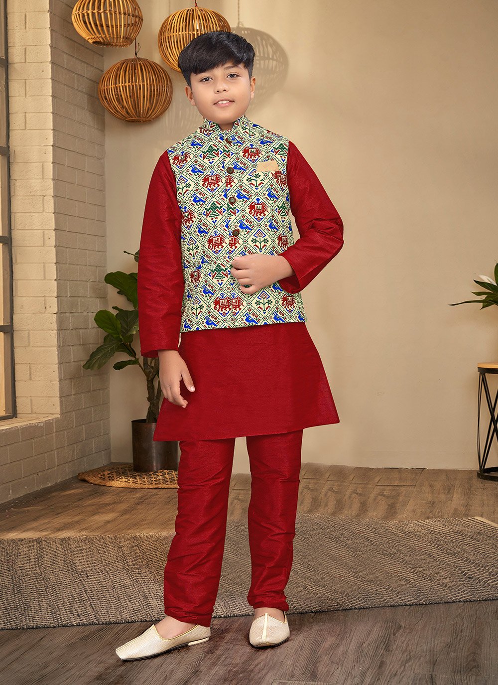 Kurta Payjama With Jacket Silk Multi Colour Red Digital Print Kids