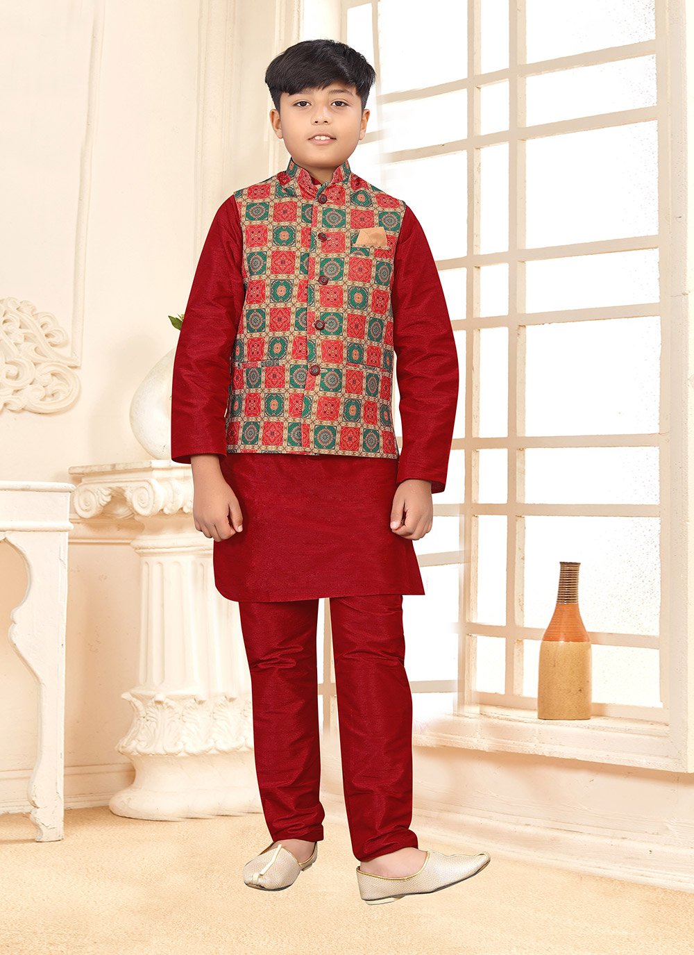 Kurta Payjama With Jacket Silk Multi Colour Red Digital Print Kids