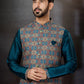 Kurta Payjama With Jacket Dupion Silk Jacquard Multi Colour Teal Embroidered Mens