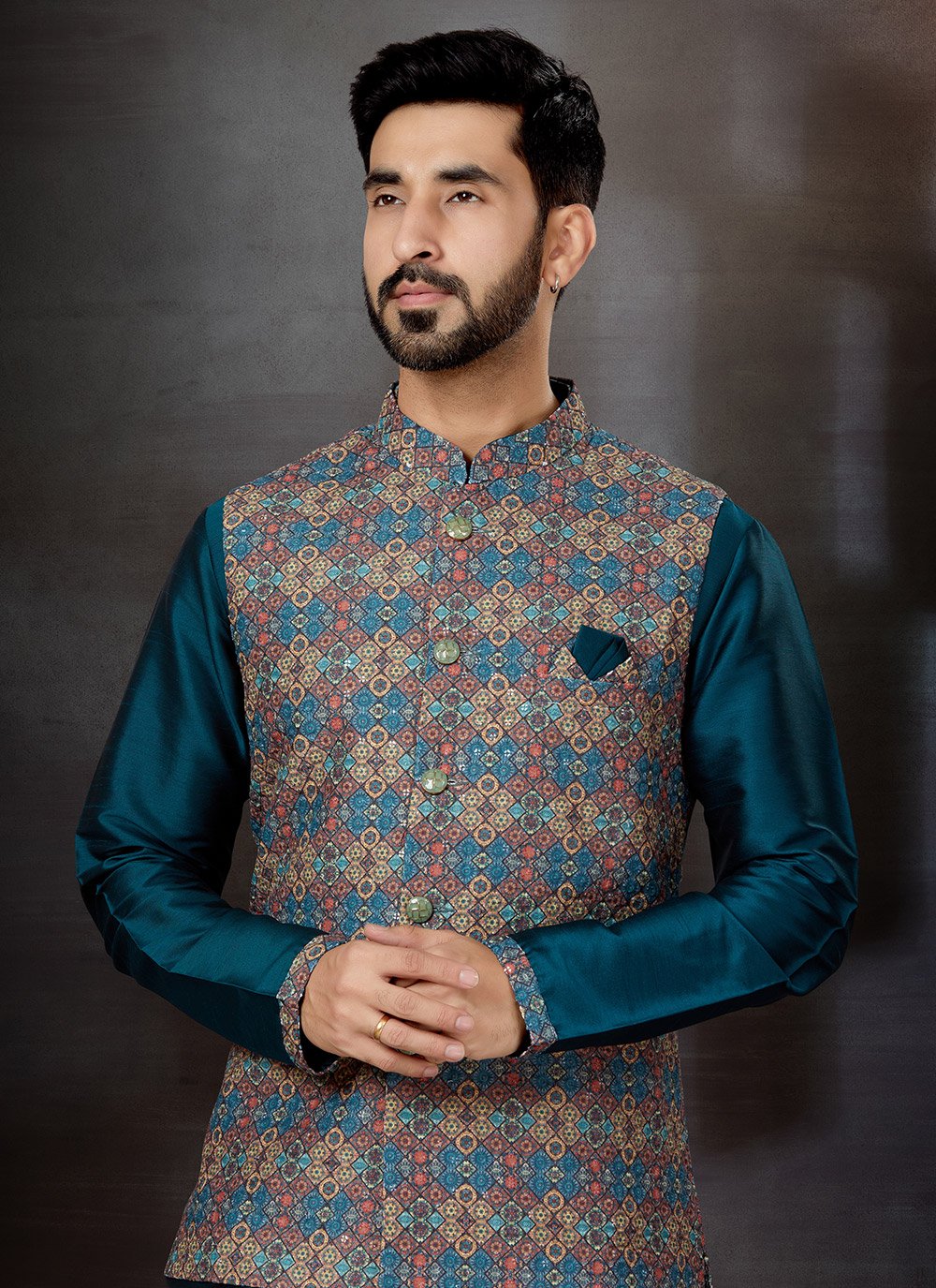 Kurta Payjama With Jacket Dupion Silk Jacquard Multi Colour Teal Embroidered Mens