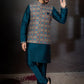 Kurta Payjama With Jacket Dupion Silk Jacquard Multi Colour Teal Embroidered Mens
