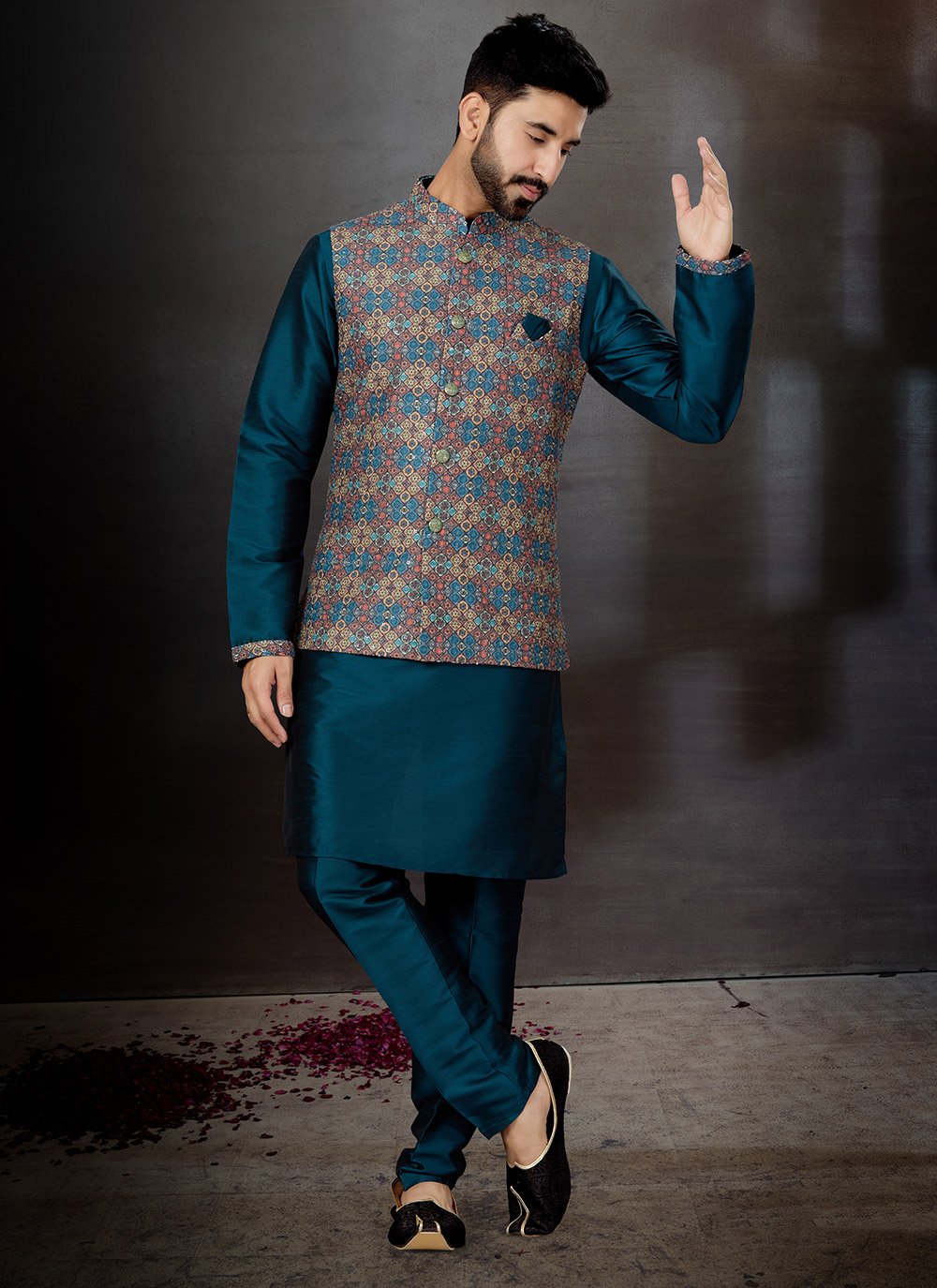 Kurta Payjama With Jacket Dupion Silk Jacquard Multi Colour Teal Embroidered Mens