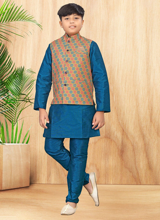 Kurta Payjama With Jacket Jute Silk Multi Colour Teal Digital Print Kids