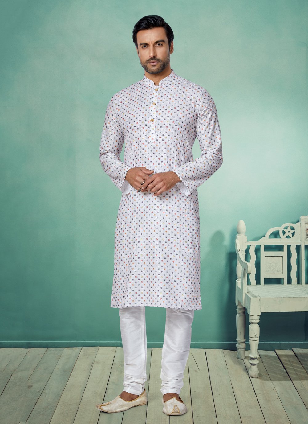 Kurta Pyjama Fancy Fabric Multi Colour White Digital Print Mens