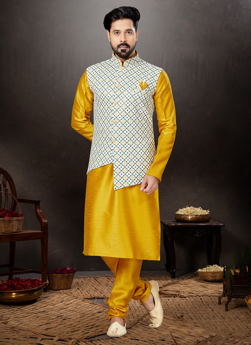 Kurta Payjama With Jacket Dupion Silk Jacquard Multi Colour Yellow Embroidered Mens