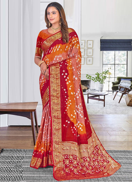 Trendy Saree Art Silk Multi Colour Bandhej Saree