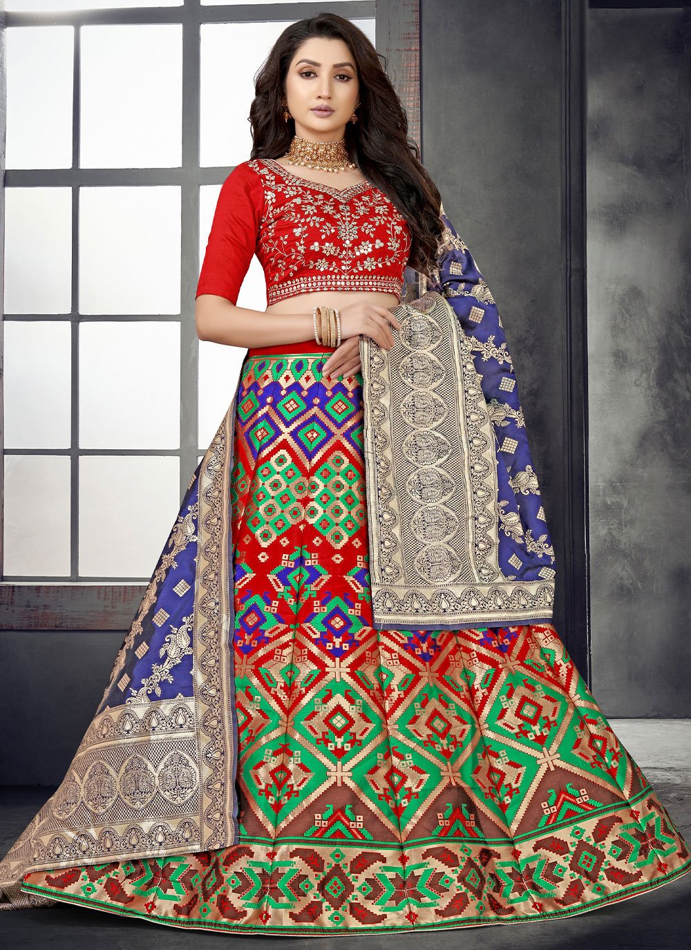 Lehenga Choli Banarasi Silk Multi Colour Mirror Lehenga Choli