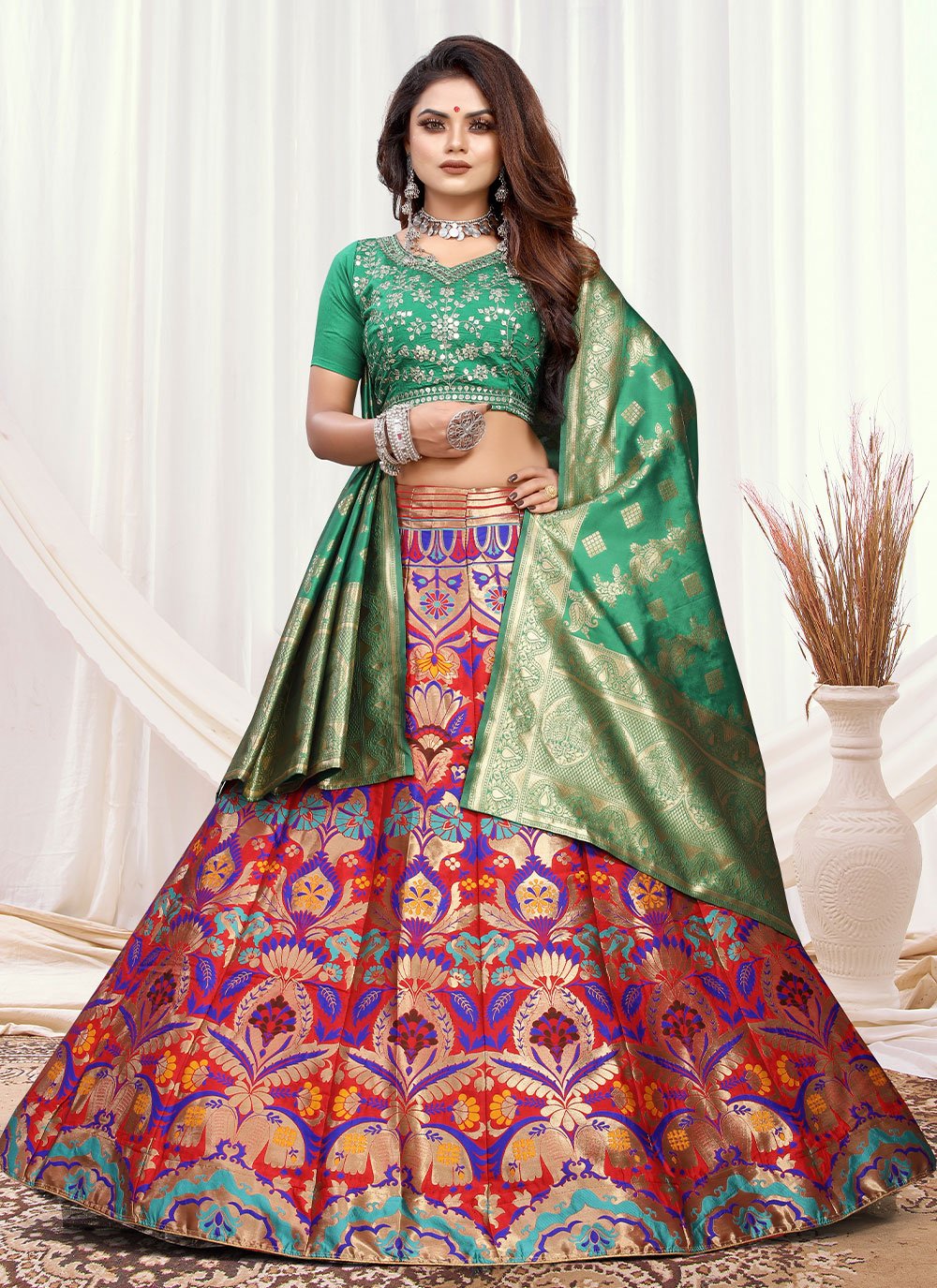 Lehenga Choli Banarasi Silk Multi Colour Weaving Lehenga Choli