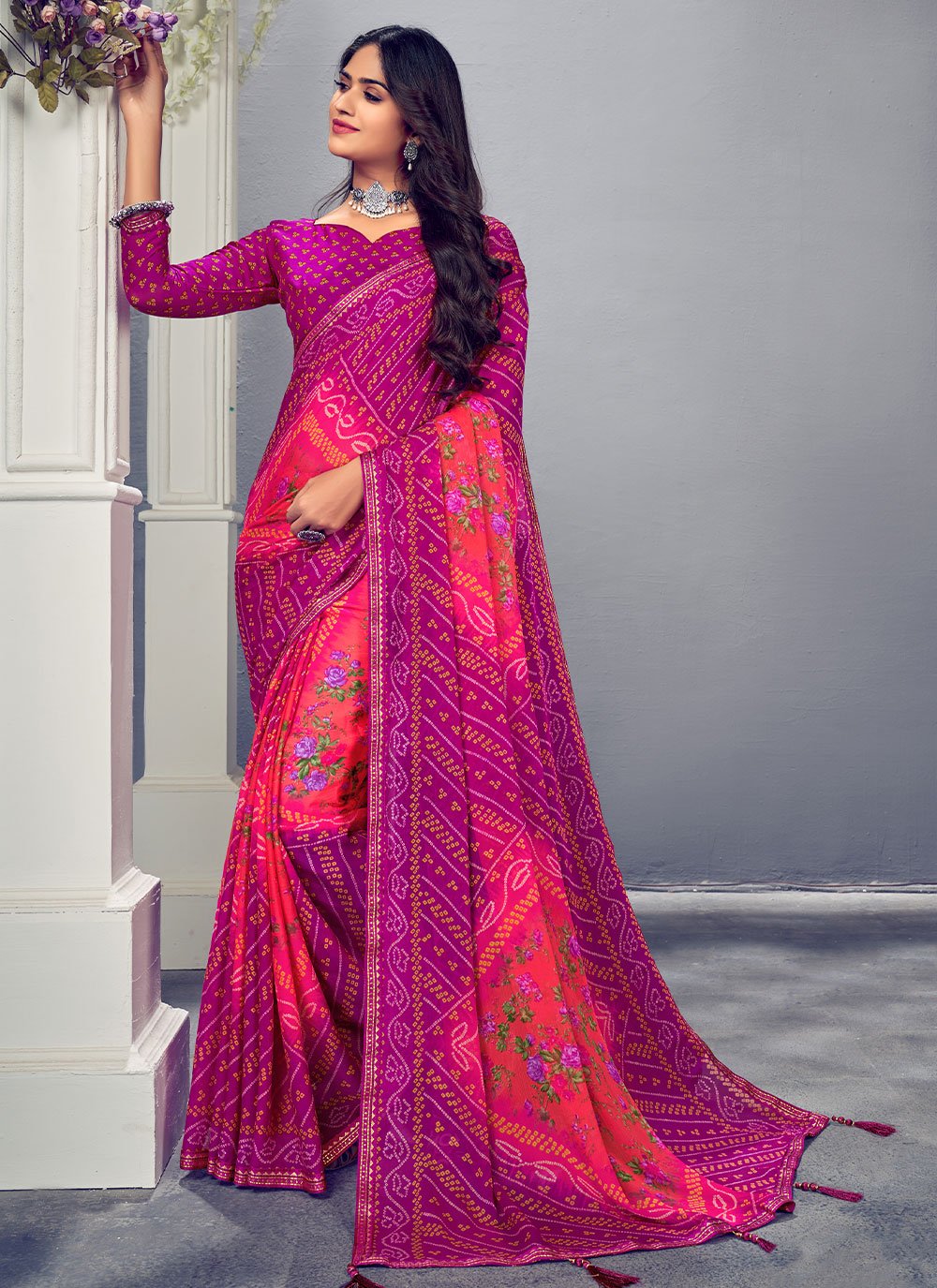 Bandhani Saree Chiffon Multi Colour Bandhej Saree