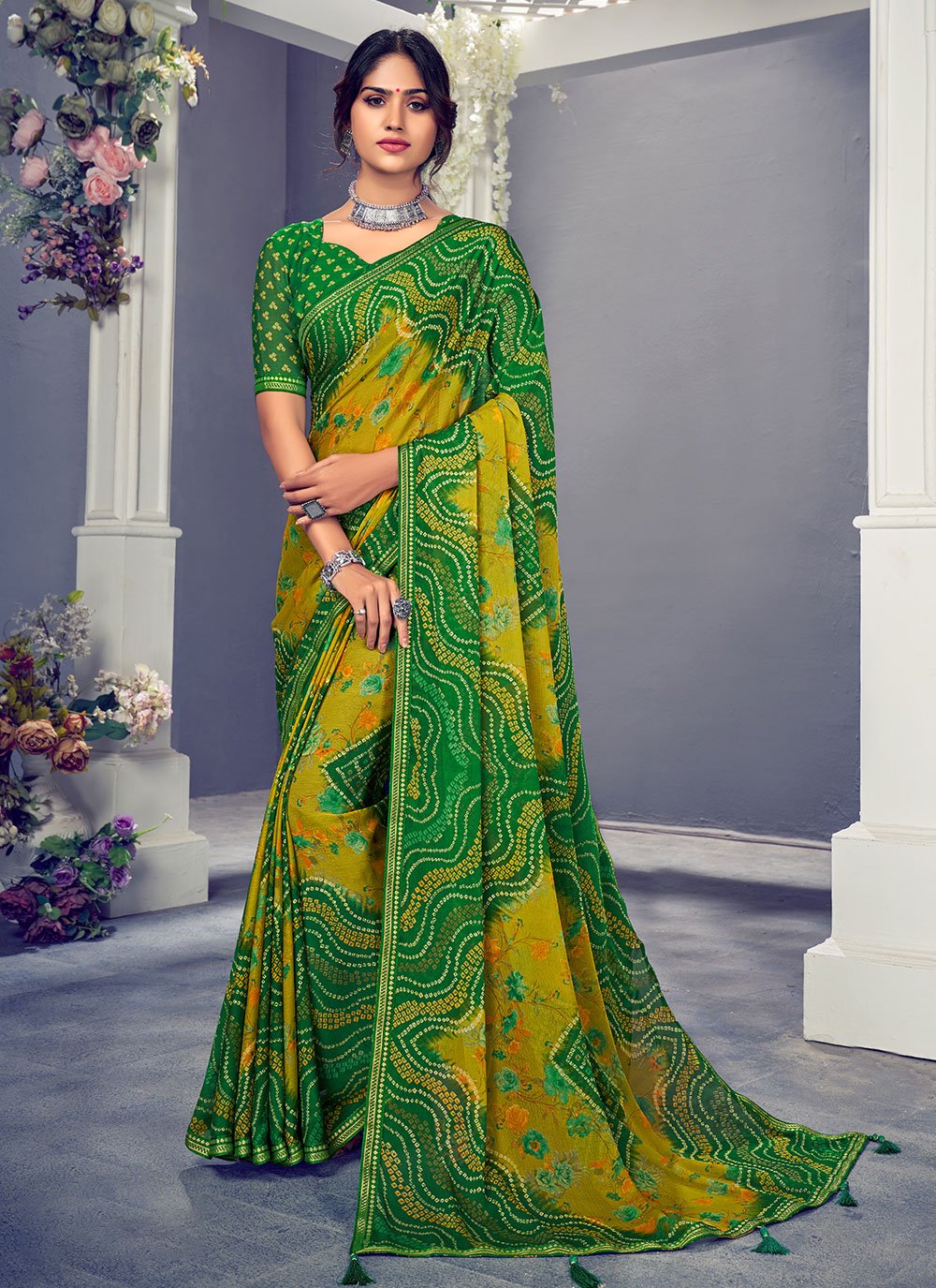 Contemporary Chiffon Multi Colour Bandhej Saree