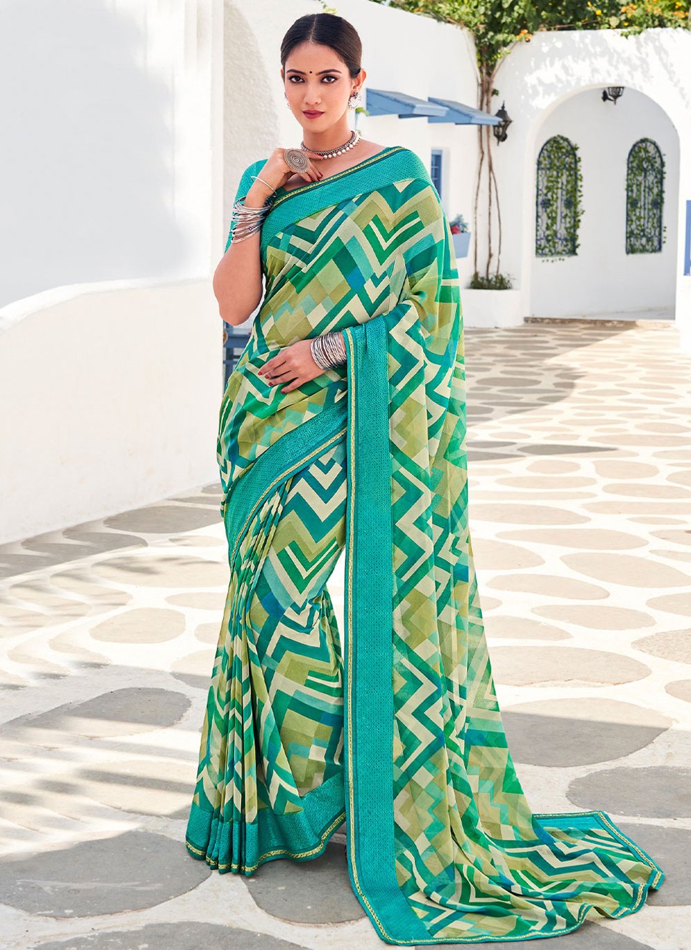 Classic Georgette Multi Colour Patch Border Saree