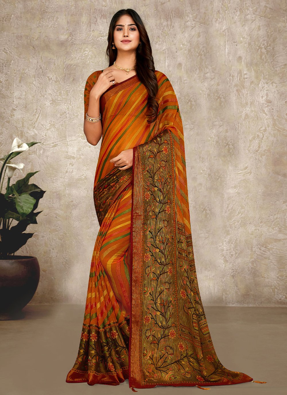 Classic Brasso Chiffon Multi Colour Lace Saree