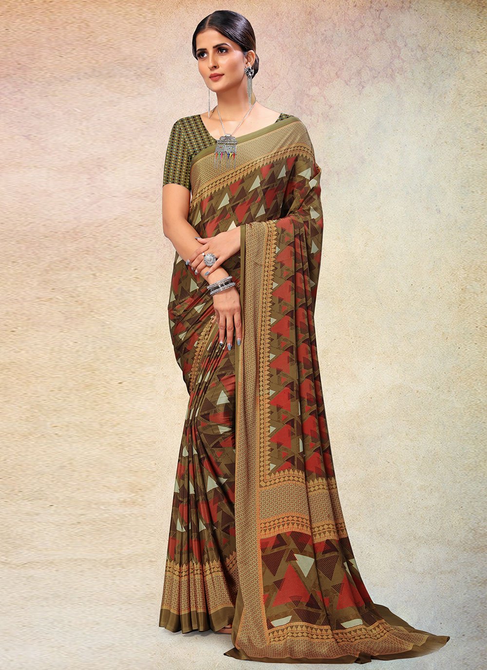 Classic Faux Crepe Multi Colour Print Saree