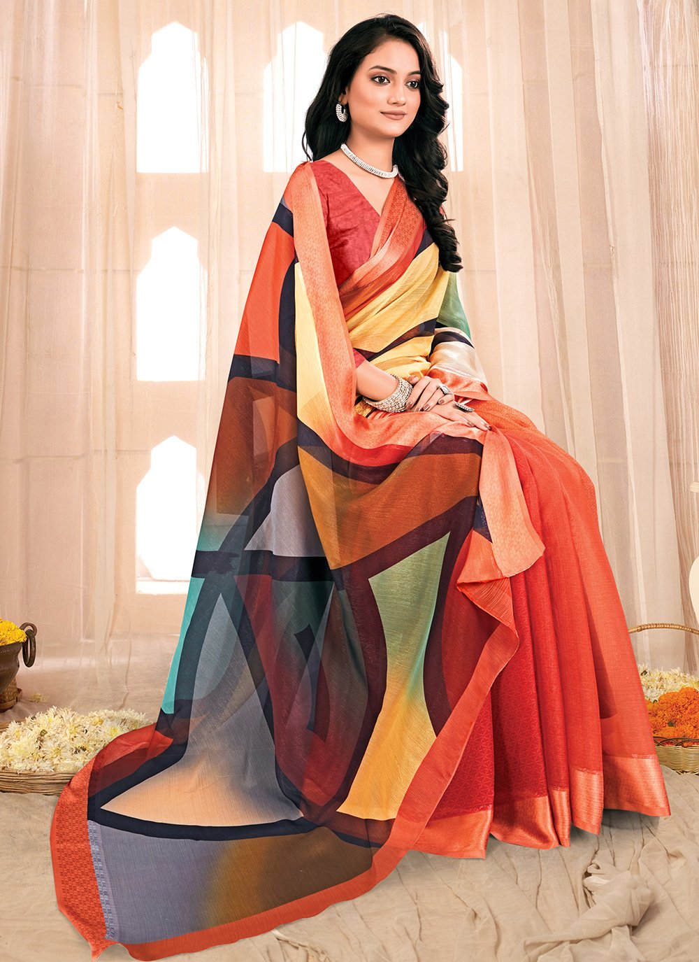 Contemporary Chiffon Multi Colour Fancy Work Saree