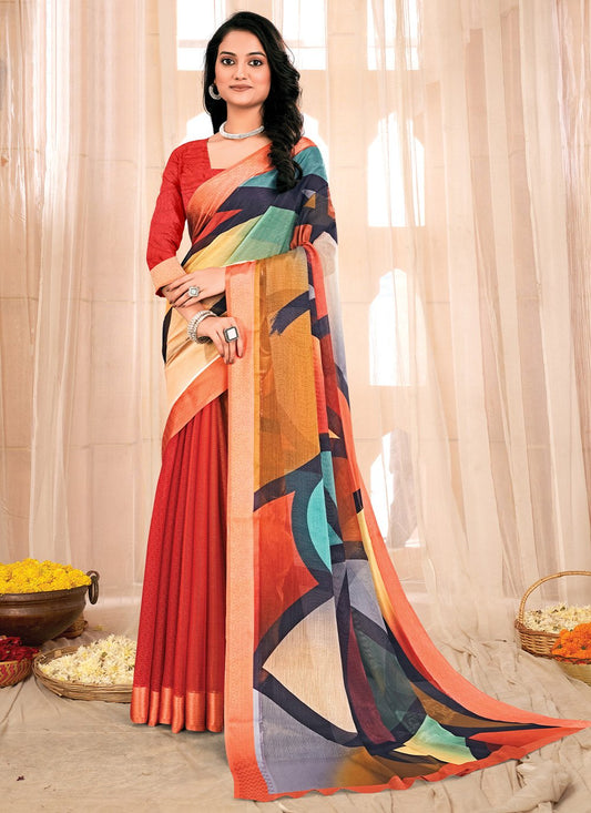 Contemporary Chiffon Multi Colour Fancy Work Saree