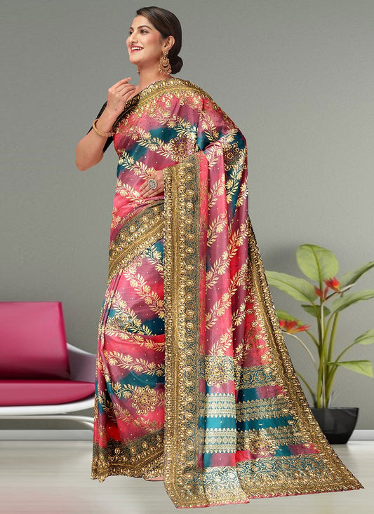 Contemporary Kanjivaram Silk Multi Colour Embroidered Saree