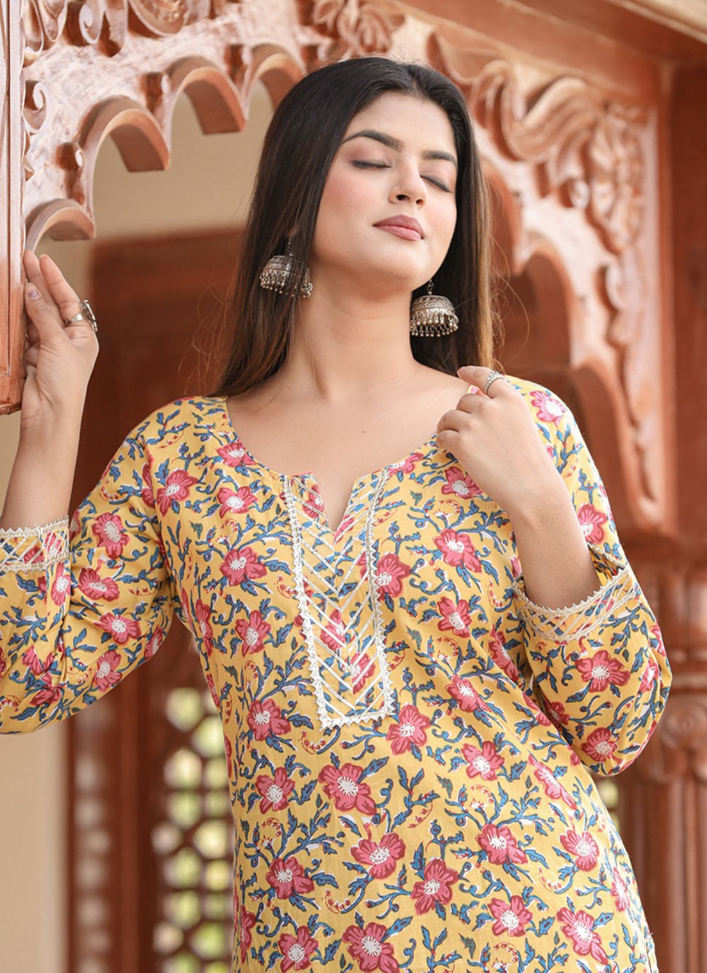 Designer Kurti Cotton Multi Colour Floral Patch Kurtis