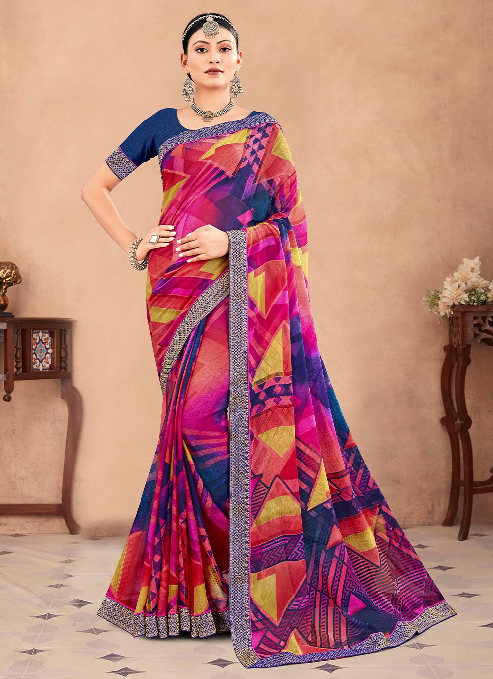 Trendy Saree Chiffon Multi Colour Patch Border Saree