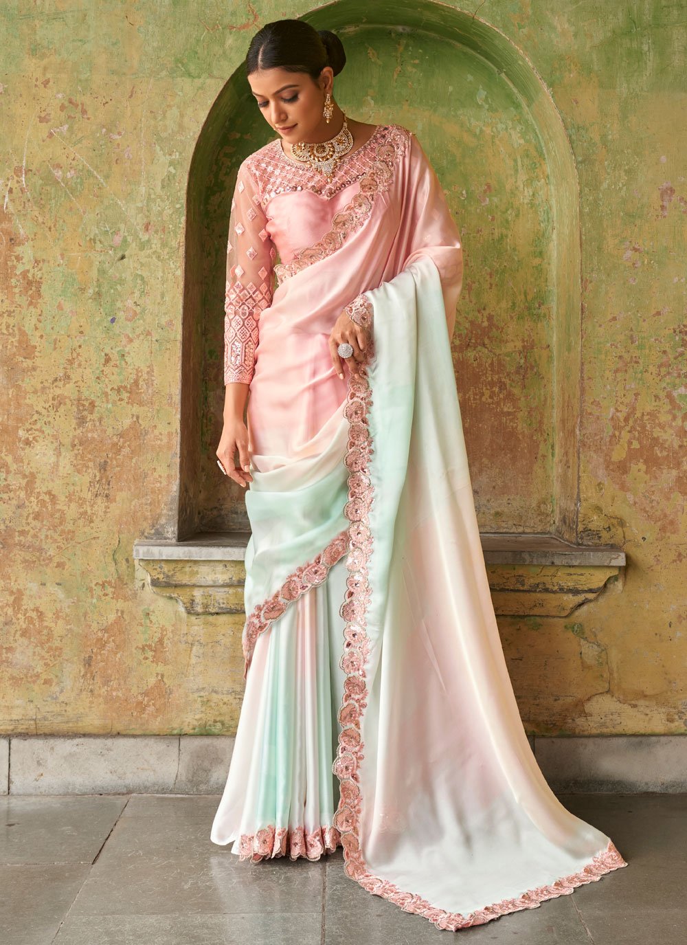 Designer Satin Multi Colour Embroidered Saree