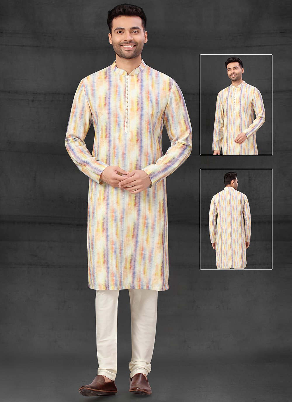 Kurta Pyjama Silk Multi Colour Fancy Work Mens