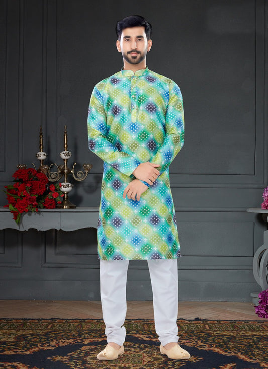 Kurta Pyjama Silk Multi Colour Digital Print Mens