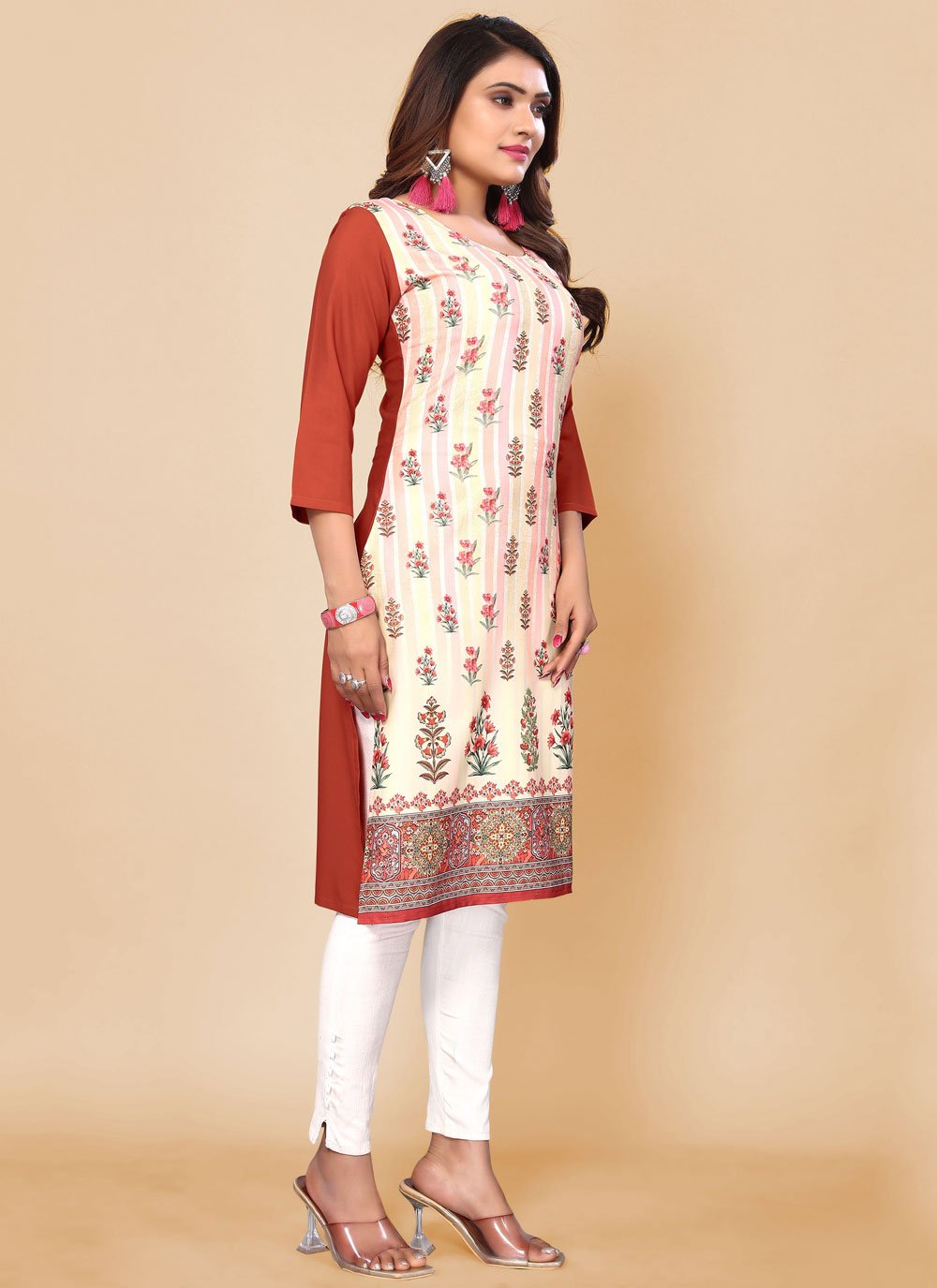 Party Wear Kurti Faux Crepe Multi Colour Print Kurtis