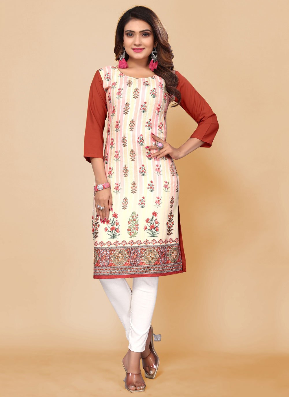 Party Wear Kurti Faux Crepe Multi Colour Print Kurtis