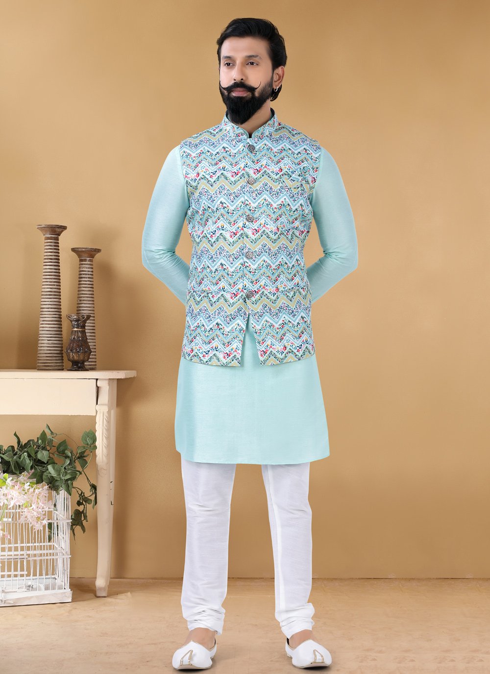 Nehru Jackets Cotton Multi Colour Print Mens