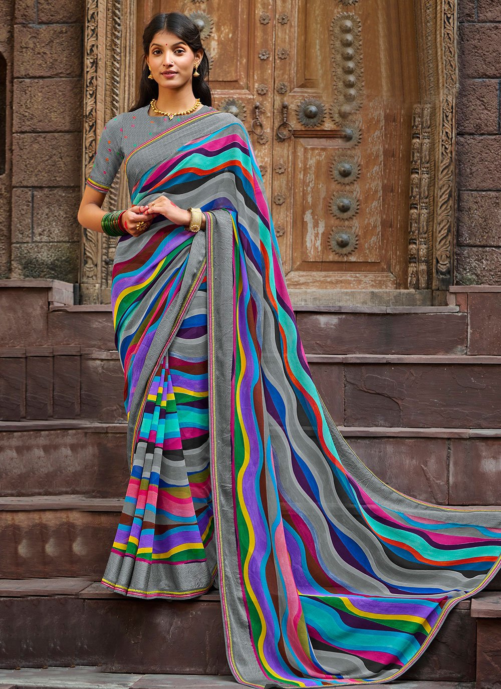 Designer Georgette Multi Colour Print Saree