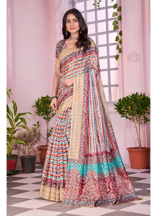 Contemporary Faux Crepe Multi Colour Digital Print Saree