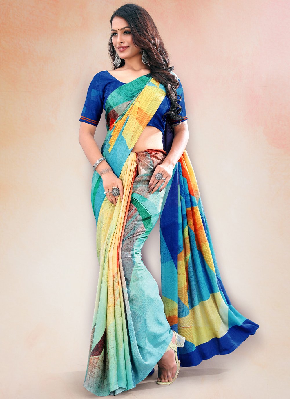 Contemporary Faux Crepe Multi Colour Digital Print Saree