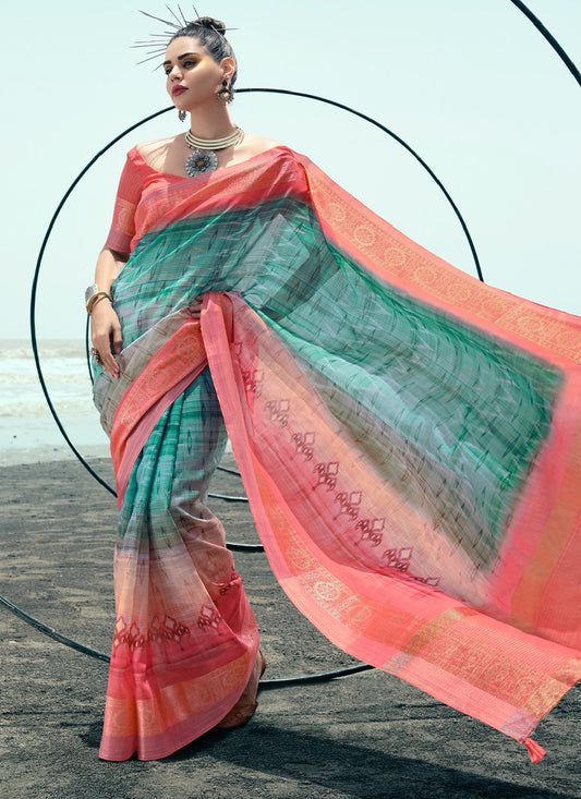 Contemporary Linen Multi Colour Digital Print Saree