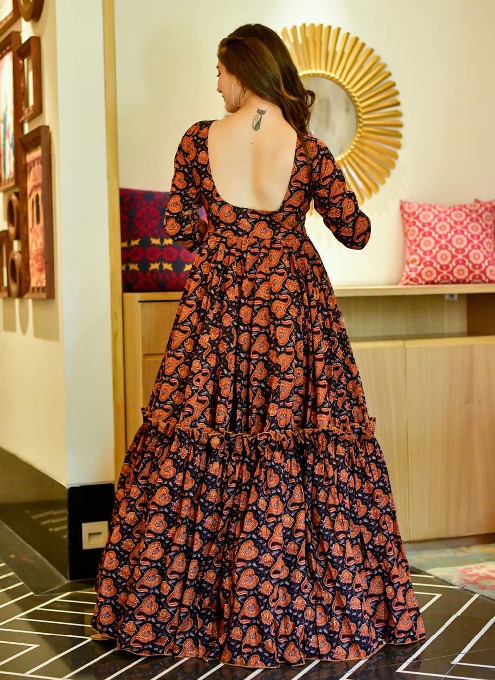 Buy Digital Print Work Satin Silk Readymade Designer Gown Online