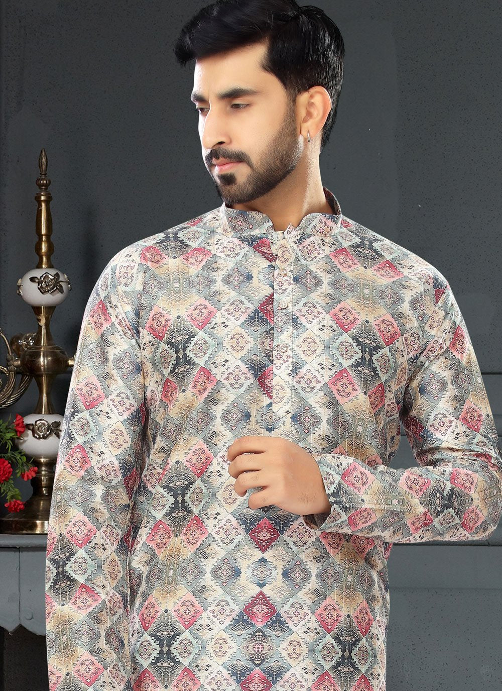 Kurta Pyjama Silk Multi Colour Digital Print Mens