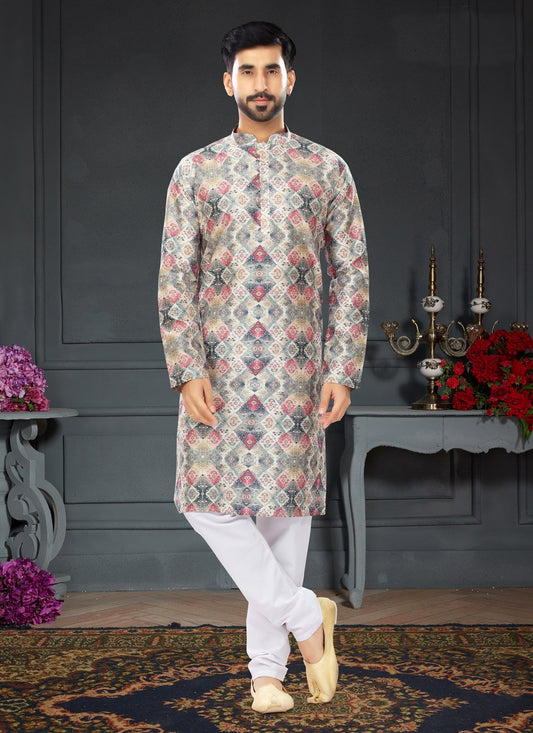 Kurta Pyjama Silk Multi Colour Digital Print Mens