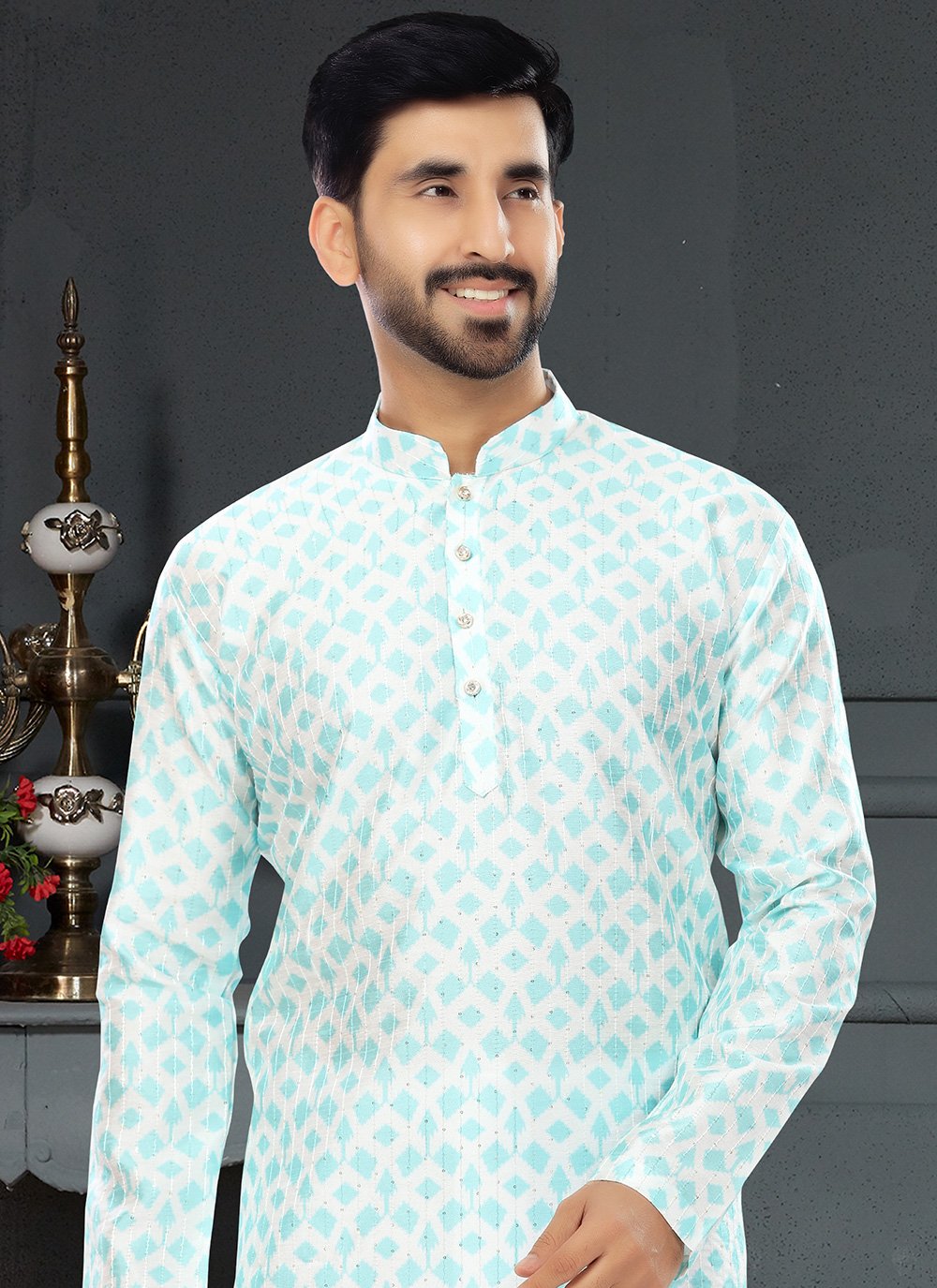 Kurta Pyjama Silk Multi Colour Digital Print Mens