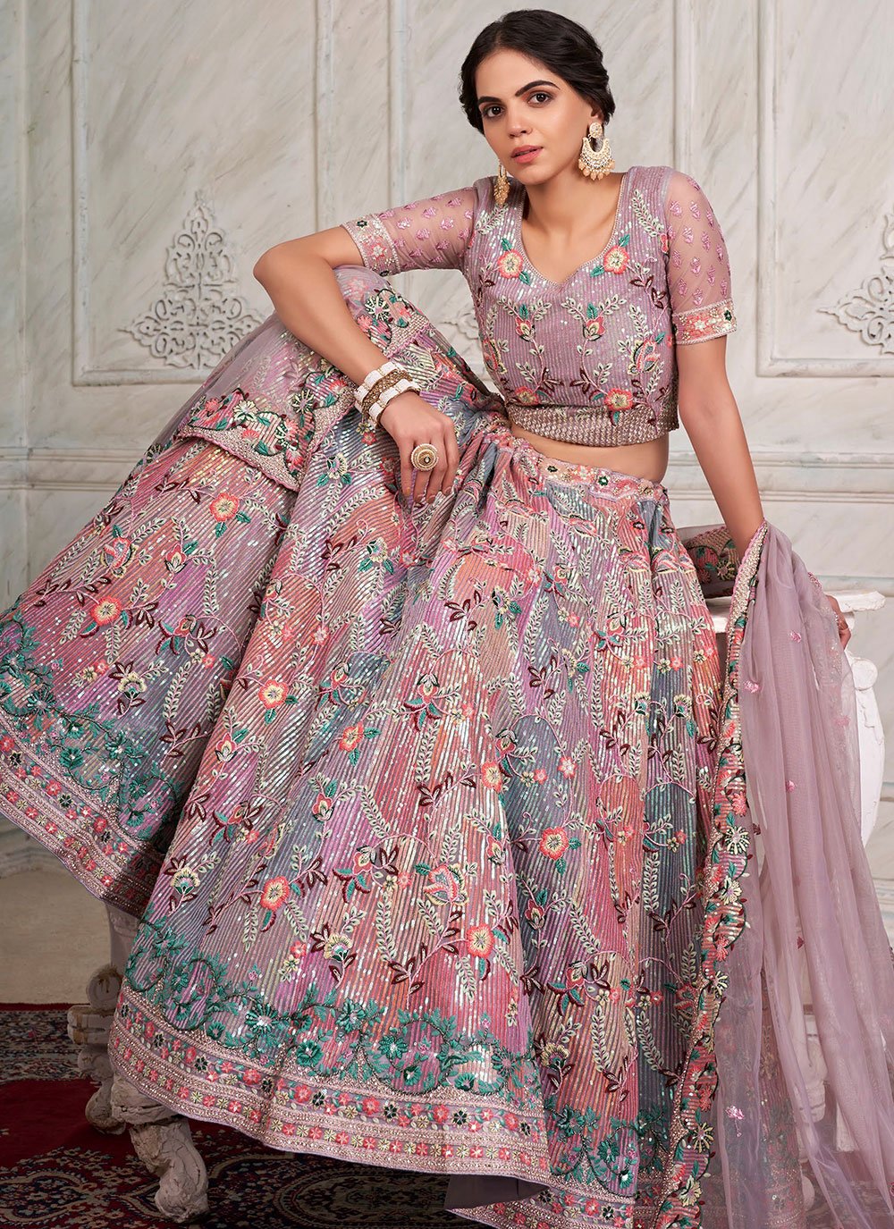 A Line Lehenga Net Multi Colour Embroidered Lehenga Choli