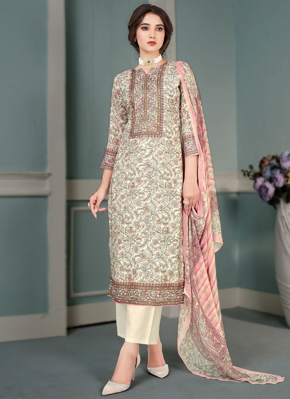 Salwar Suit Muslin Multi Colour Floral Patch Salwar Kameez