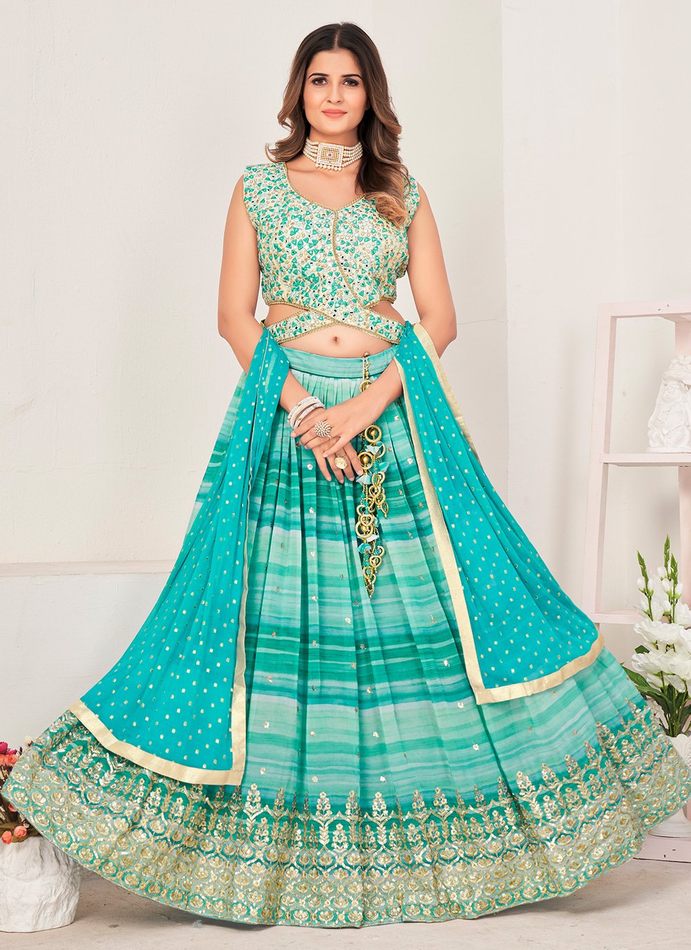 Lehenga Choli Georgette Viscose Multi Colour Embroidered Lehenga Choli