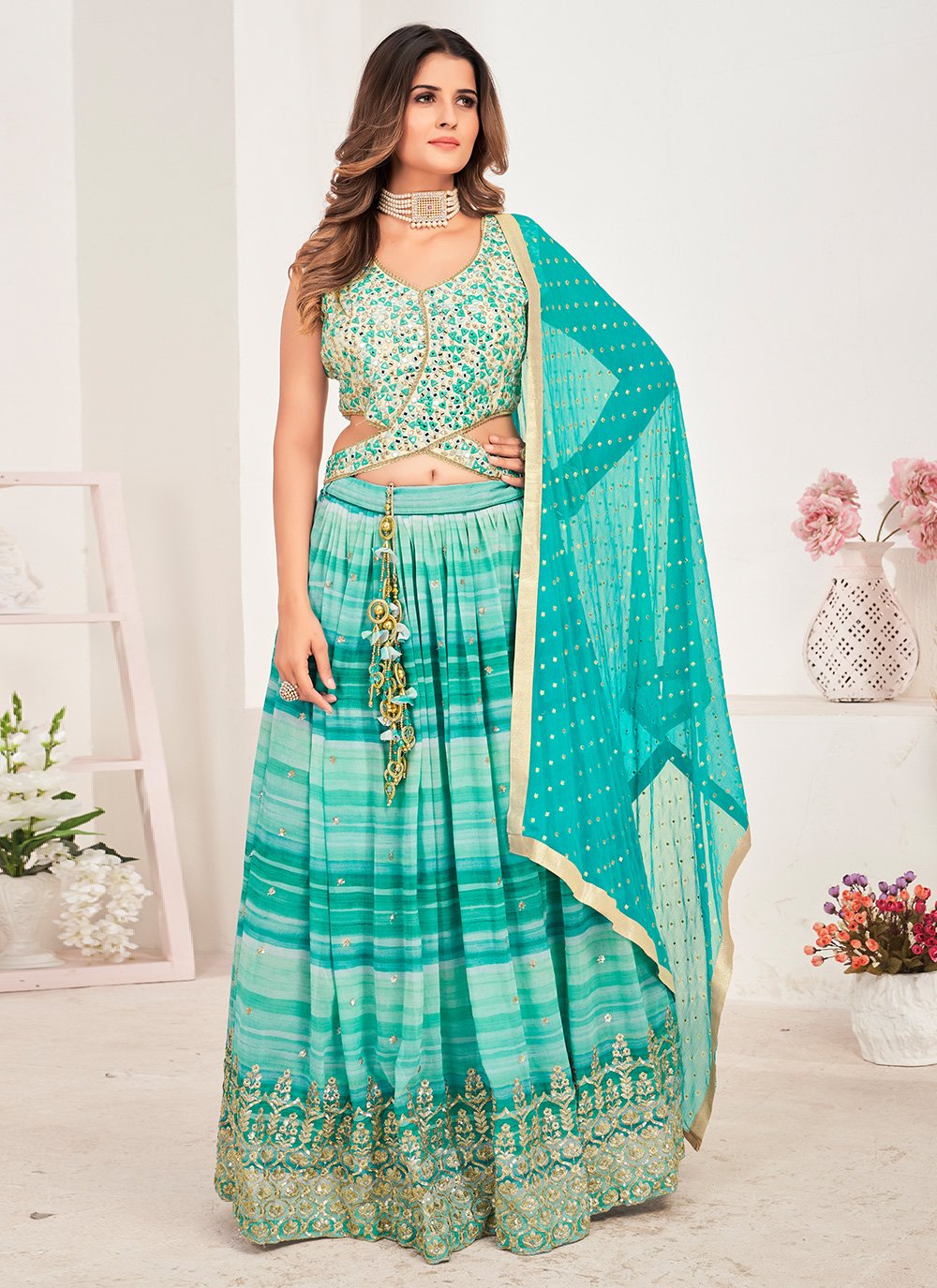 Lehenga Choli Georgette Viscose Multi Colour Embroidered Lehenga Choli